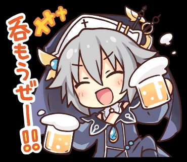 1girl beer_mug brooch chibi closed_mouth cross cup date_a_live detached_collar grey_hair habit honjou_nia jewelry long_sleeves lowres mug nun official_art open_mouth short_hair smile solo third-party_source