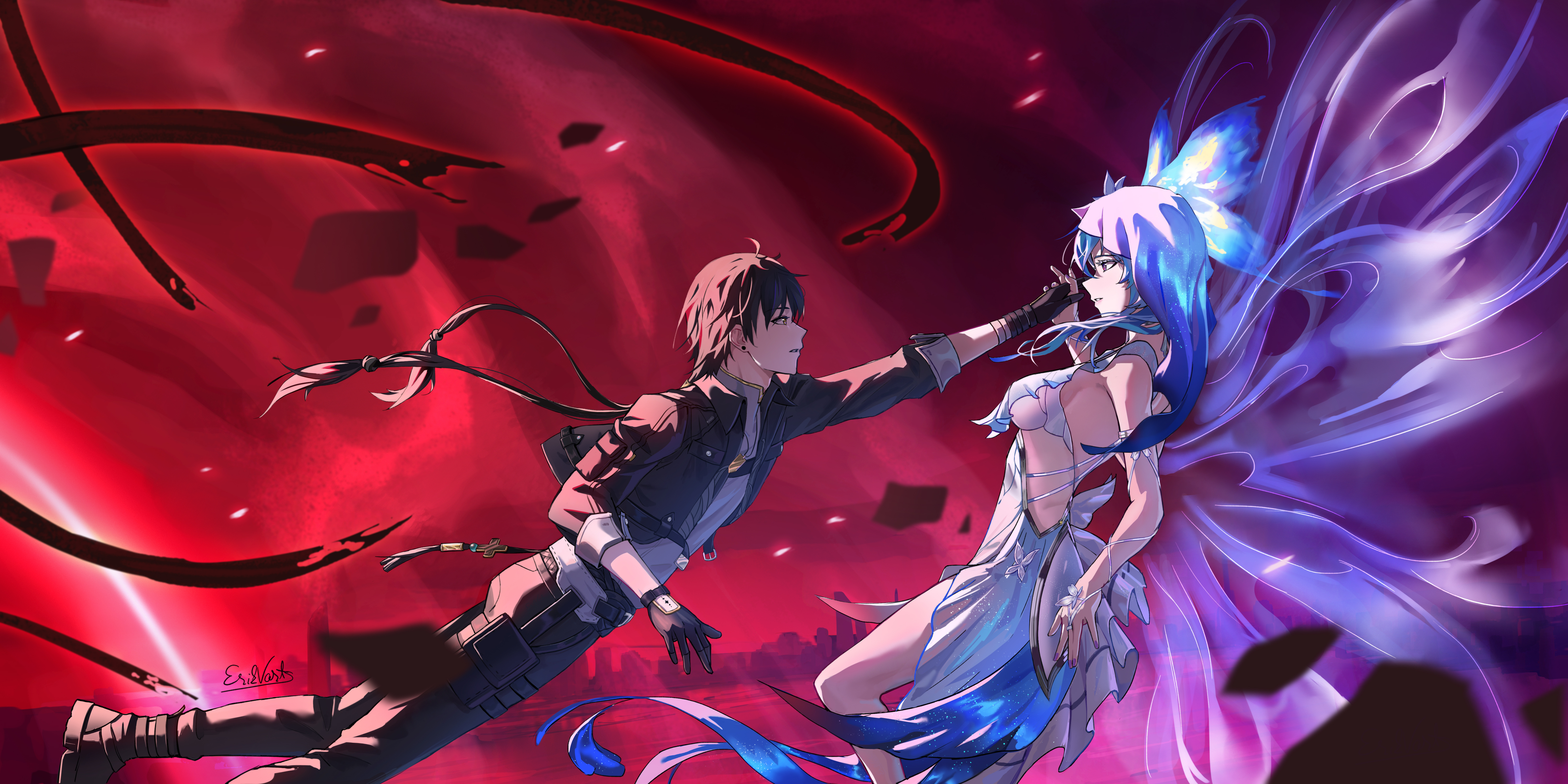 1boy 1girl absurdres armlet black_footwear black_gloves black_hair black_jacket black_pants blue_veil breasts collared_jacket colored_eyelashes commentary dog_tags dress erikvarts from_side gloves grey_shirt hand_grab highres jacket jewelry large_breasts long_hair male_rover_(wuthering_waves) pants parted_lips purple_eyes red_sky rover_(wuthering_waves) shirt short_hair signature sky skyline sleeveless sleeveless_dress sleeves_rolled_up tacet_mark_(wuthering_waves) shorekeeper_(wuthering_waves) veil white_dress wuthering_waves yellow_eyes