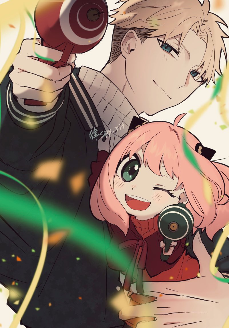1boy 1girl ahoge anya_(spy_x_family) black_jacket blonde_hair blue_eyes blurry blurry_foreground blush child closed_mouth dress green_eyes hairpods holding_toy_gun jacket light_blush light_smile looking_at_viewer medium_hair one_eye_closed open_mouth parted_bangs pink_hair red_dress red_jacket short_hair smile spy_rit spy_x_family sweater toy_gun turtleneck turtleneck_sweater twilight_(spy_x_family) white_sweater