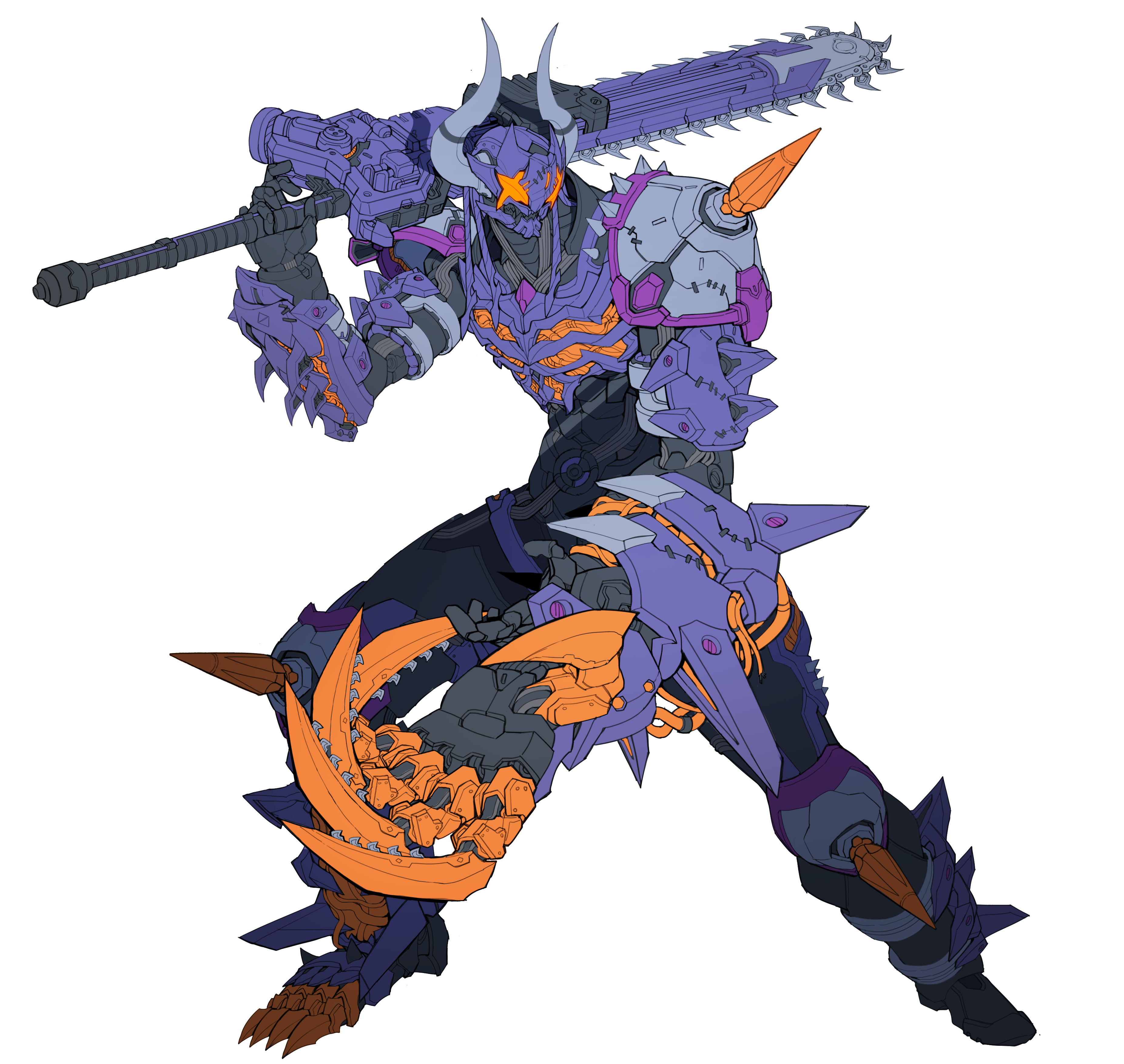 1boy absurdres black_bodysuit black_boots black_gloves bodysuit boots buffalo bull catball1994 chainsaw claw_(weapon) cowboy_shot gloves highres horns imminent_hit kamen_rider kamen_rider_buffa kamen_rider_geats_(series) knee_spikes long_hair male_focus mechabare mechanical_hands multicolored_hair purple_hair purple_scarf redesign scarf shoulder_spikes single_mechanical_hand solo spikes stylistic sword tokusatsu weapon white_background zombie_breaker zombie_buckle