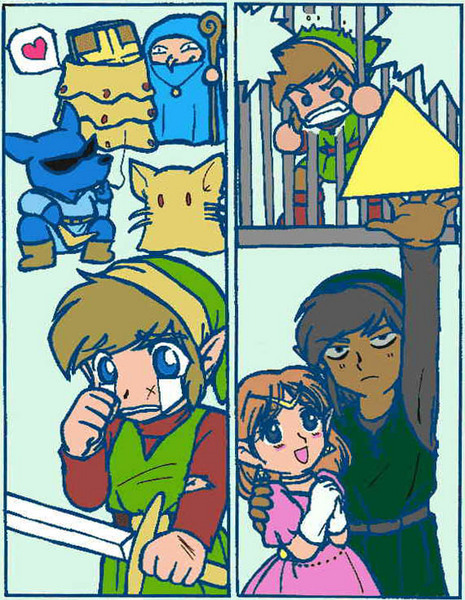 1girl 2boys angry blue_eyes bot_(zelda) brown_hair cage clone creature dress dual_persona earrings elf frown gloves goriya_(zelda) hand_up hat jewelry like_like link looking_at_viewer multiple_boys nintendo pink_dress pointy_ears pols_voice princess_zelda shadow_link smile standing sword tears the_legend_of_zelda the_legend_of_zelda_(nes) tiara triforce weapon zelda_ii:_the_adventure_of_link