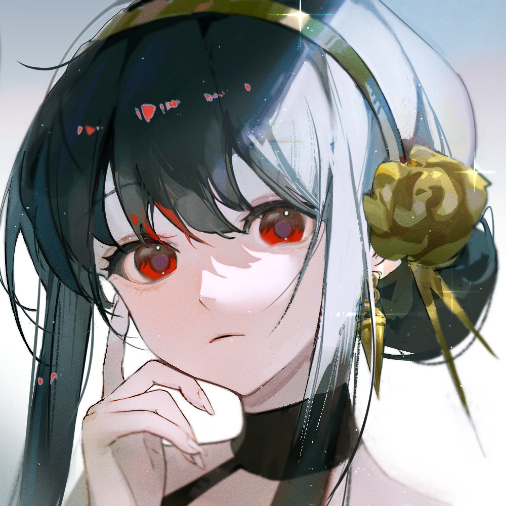 1girl black_hair blunt_bangs close-up closed_mouth commentary_request earrings glint hair_bun hairband jewelry looking_at_viewer male_focus red_eyes requiem_(requiem_art) sidelighting sidelocks solo spy_x_family yor_briar