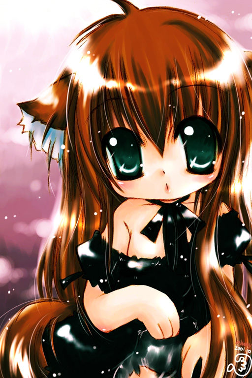 2001 absurdly_long_hair animal_ears archived_source black_ribbon black_sleeves brown_tail cat_ears cat_tail choker closed_mouth clothes_lift collarbone dated dot_nose dress dress_lift green_eyes hair_between_eyes light_particles long_hair loose_hair_strand nymphclub off-shoulder_dress off_shoulder official_art popury puffy_short_sleeves puffy_sleeves purple_background ribbon ribbon_choker short_sleeves signature tail very_long_hair
