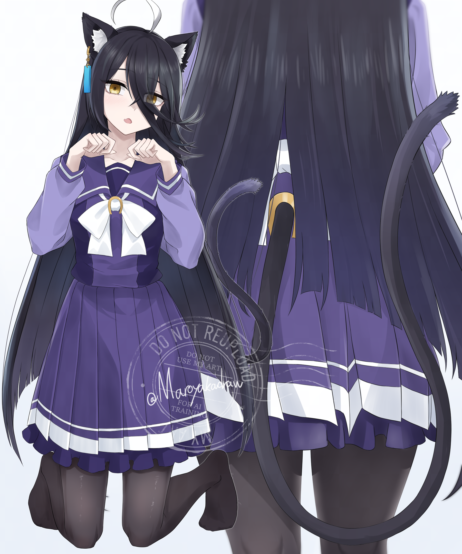 1girl ahoge alternate_animal_ears alternate_tail animal_ears black_hair black_pantyhose bow cat cat_ears clothing_cutout commentary_request feet hair_between_eyes highres ibuki_grunt kneeling kneepits long_hair looking_at_viewer manhattan_cafe_(umamusume) multicolored_hair multiple_views no_shoes open_mouth pantyhose paw_pose pleated_skirt purple_serafuku purple_shirt purple_skirt sailor_collar school_uniform serafuku shirt simple_background skirt streaked_hair tail tail_through_clothes tracen_school_uniform twitter_username umamusume watermark white_background white_bow white_hair winter_uniform yellow_eyes