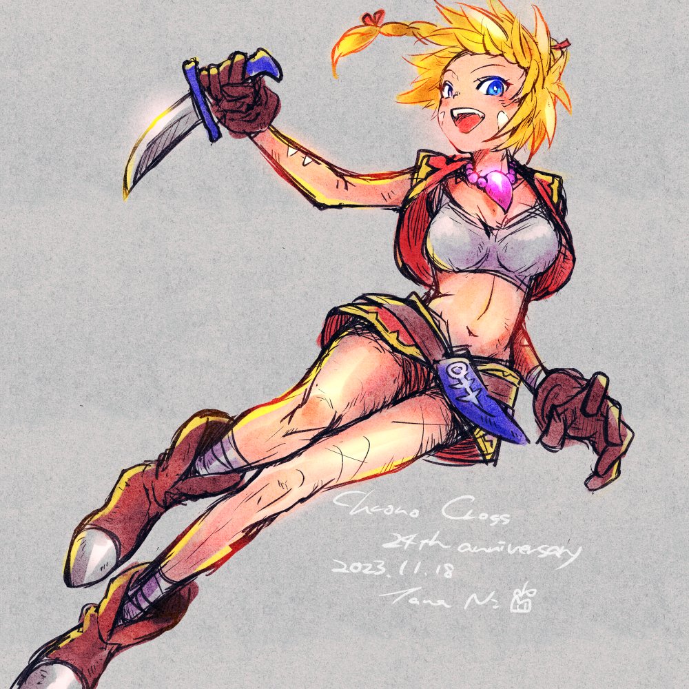1girl anniversary belt blue_eyes bodypaint boots breasts brown_belt brown_boots brown_gloves chrono_cross crop_top cropped_jacket dagger dated facepaint full_body gloves gold_trim grey_background hair_ribbon holding holding_dagger holding_knife holding_weapon jacket kid_(chrono_cross) knife looking_at_viewer medium_breasts midriff miniskirt multi-tied_hair navel nishioki_tama open_mouth ponytail red_jacket red_ribbon red_skirt ribbon sheath shirt short_sleeves skirt smile solo steel-toe_boots weapon white_shirt