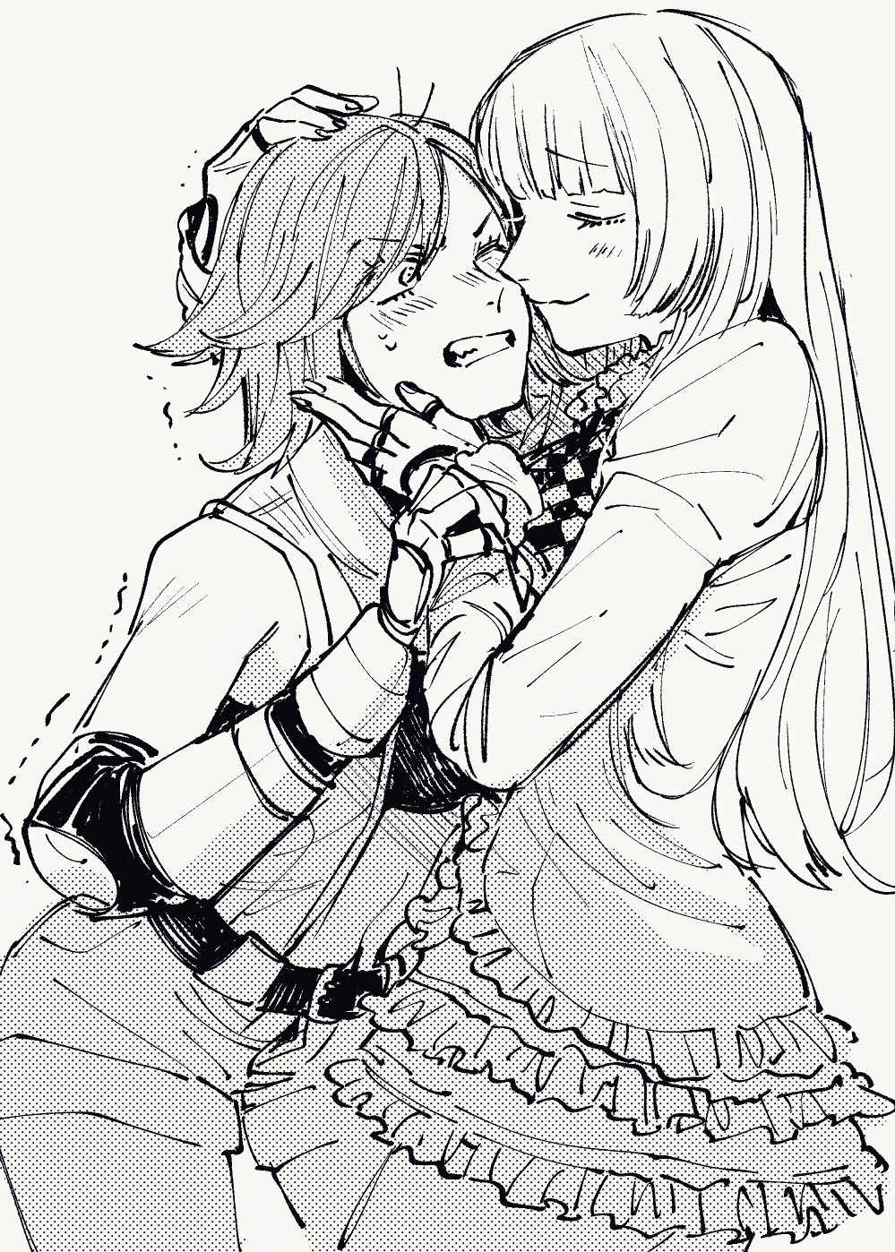 2girls blonde_hair blunt_bangs blush boots closed_eyes emilie_de_rochefort eye_contact fingerless_gloves gloves greyscale hand_guard highres hime_cut hug kazama_asuka knee_boots long_hair looking_at_another monochrome multiple_girls oosawa_yayoi shorts simple_background smile sweatdrop tekken tekken_5 yuri