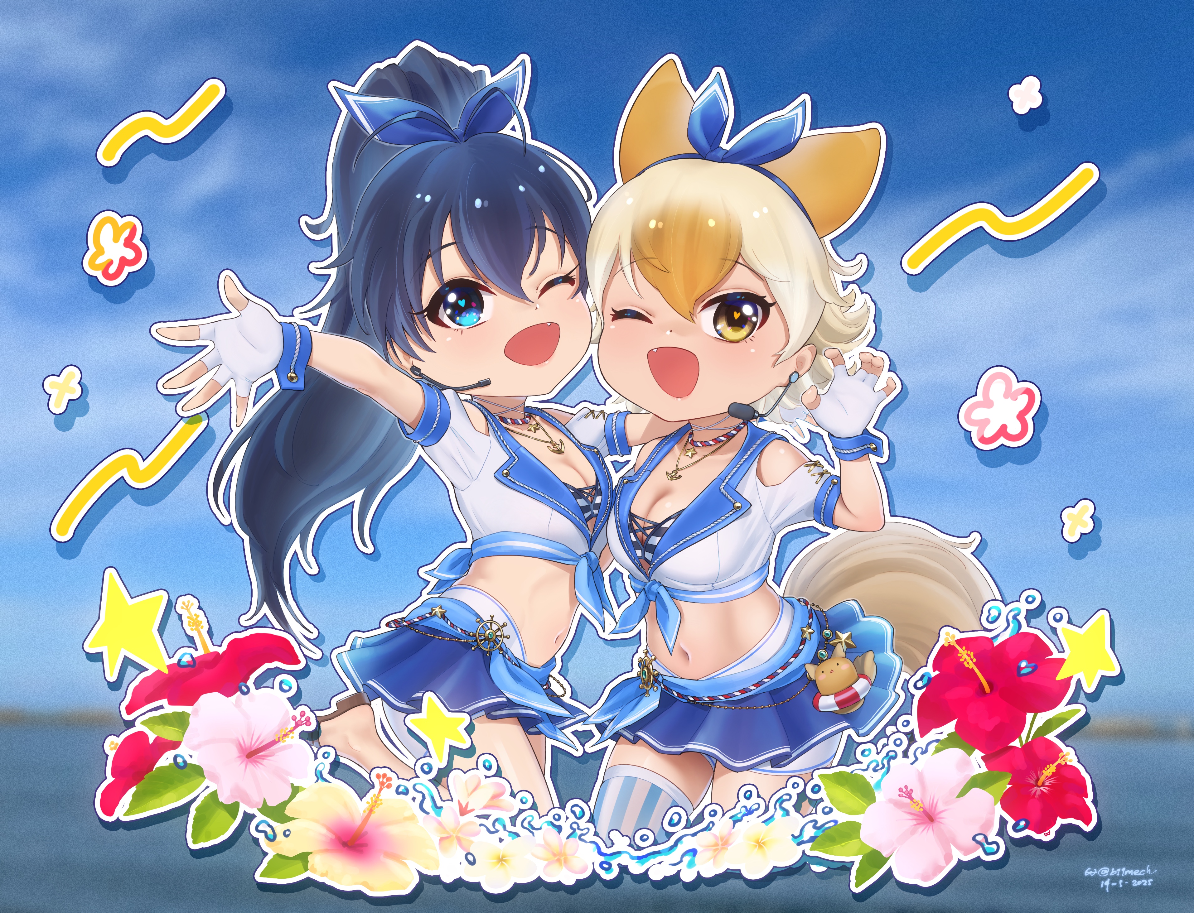 2girls absurdres animal_ears beach beleven black_hair blonde_hair blue_eyes blue_sky choker coyopotato coyote_(kemono_friends) dress extra_ears fingerless_gloves flower ganaha_hibiki gloves highres idolmaster jewelry kemono_friends kemono_friends_v_project long_hair looking_at_viewer microphone multiple_girls navel necklace one_eye_closed outdoors ribbon sailor_dress short_hair shorts skirt sky tail thighhighs virtual_youtuber wolf_ears wolf_girl wolf_tail yellow_eyes