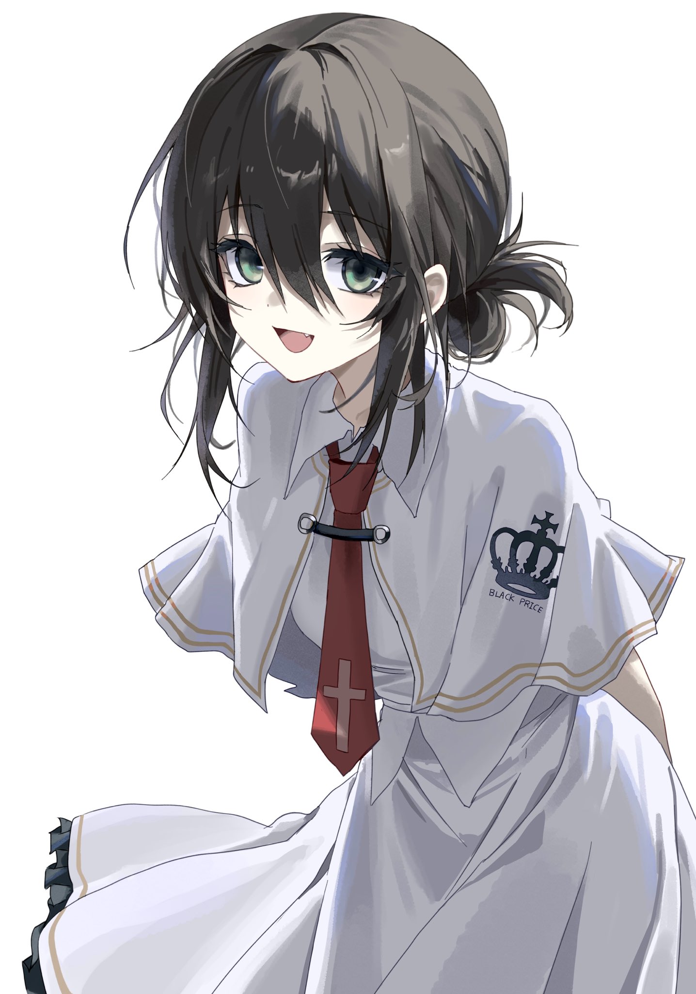1girl :d arms_behind_back brown_hair capelet cowboy_shot cross cross_print crown_print eyelashes fang folded_ponytail frilled_skirt frills gegadi green_eyes hair_between_eyes happy hashtag-only_commentary highres leaning_forward light_blush looking_at_viewer medium_hair necktie open_mouth red_necktie school_uniform shirt sidelocks simple_background skirt smile solo subarashiki_hibi tachibana_kimika white_background white_capelet white_shirt white_skirt