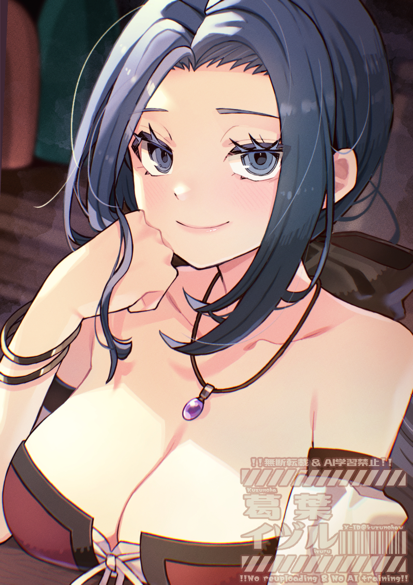 1girl bar_(place) bare_shoulders barmaid black_bow blue_eyes blue_hair bodice bottle bow bracelet breasts chromatic_aberration cleavage colored_eyelashes commentary corset detached_sleeves dragon_quest dragon_quest_iii gem gold_bracelet hair_bow highres jewelry kuzuno_ha large_breasts looking_at_viewer looking_to_the_side low_ponytail necklace parted_hair ponytail purple_gemstone red_bodice red_corset ruida smile solo upper_body