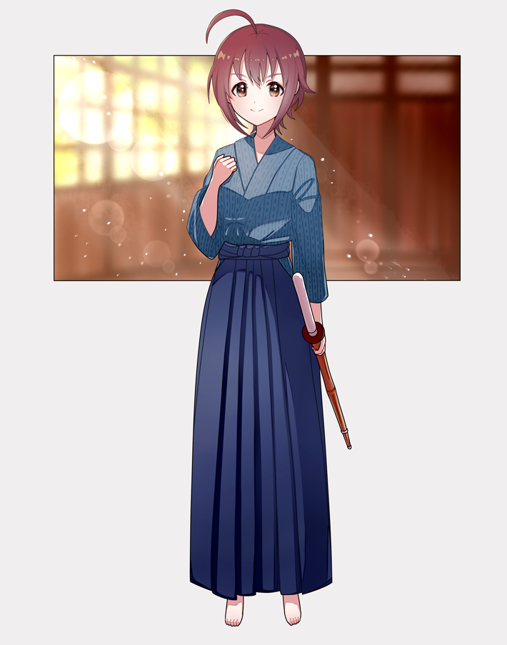 1girl ahoge architecture arm_at_side barefoot blue_hakama blue_kimono brown_eyes brown_hair clenched_hand closed_mouth dojo dot_nose east_asian_architecture full_body hakama hand_up holding holding_sword holding_weapon ich. idolmaster idolmaster_cinderella_girls japanese_clothes kendo kimono lens_flare light_rays long_sleeves looking_at_viewer official_alternate_costume shinai short_hair shouji sidelocks sliding_doors smile solo standing straight_hair sword wakiyama_tamami weapon window