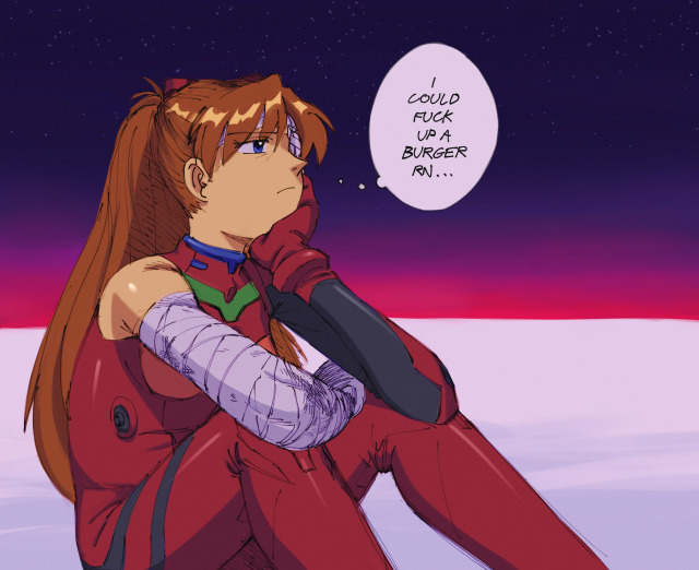 1girl :/ bandaged_arm bandages blue_eyes bodysuit breasts brown_hair chronocrump english_text hand_on_own_chin injury long_hair neon_genesis_evangelion outdoors red_bodysuit sitting souryuu_asuka_langley speech_bubble the_end_of_evangelion thinking thought_bubble