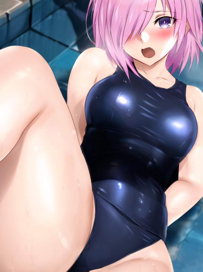 :o black_one-piece_swimsuit blush breasts collarbone fate/grand_order fate_(series) hair_over_one_eye large_breasts looking_at_viewer lying mash_kyrielight on_back one-piece_swimsuit open_mouth pool purple_eyes purple_hair school_swimsuit shiny_skin short_hair skin_tight swimsuit water wet yadokari_genpachirou