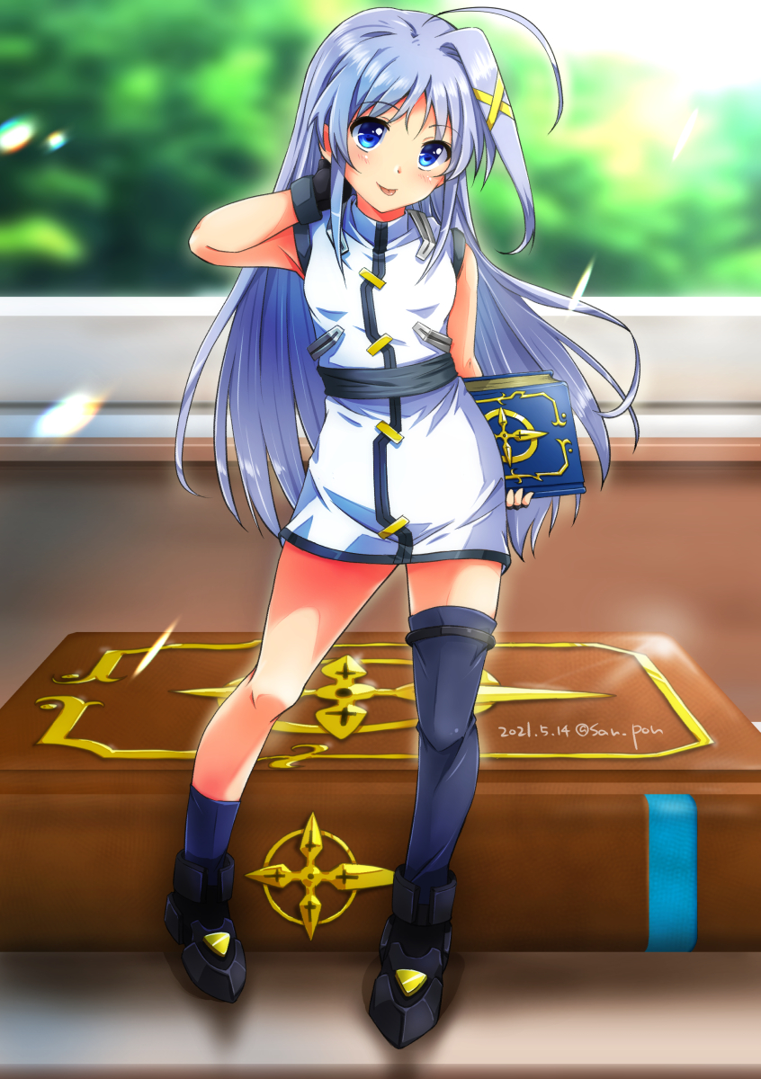 1girl ahoge asymmetrical_legwear black_gloves black_thighhighs book book_of_the_azure_sky commentary_request dress fingerless_gloves full_body gloves highres looking_at_viewer lyrical_nanoha mahou_shoujo_lyrical_nanoha_strikers mini_person minigirl reinforce_zwei san-pon single_thighhigh solo standing thighhighs tome_of_the_night_sky tongue tongue_out uneven_legwear white_dress