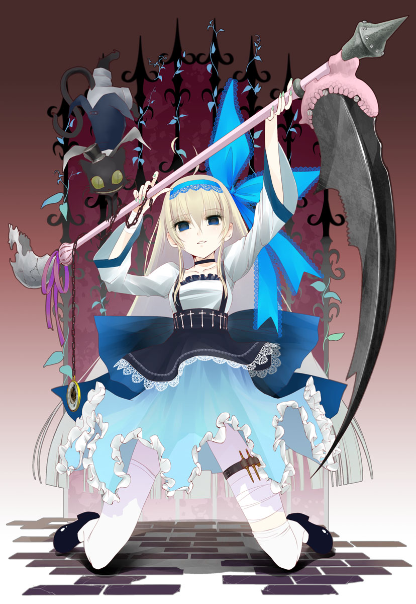 1girl alice_(alice_in_wonderland) alice&#039;s_adventures_in_wonderland black_footwear blonde_hair blue_eyes blue_nails bow cheshire_cat_(alice_in_wonderland) dress hair_bow hat headdress highres holding holding_weapon kneeling nail_polish princess_royale scythe shoes thigh_strap thighhighs top_hat weapon white_thighhighs yurikuta_tsukumi
