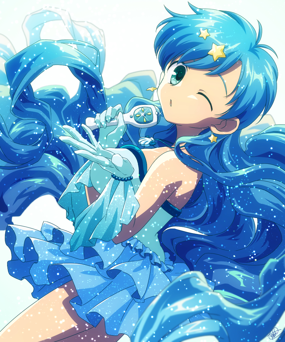 1girl bare_shoulders blue_eyes blue_gloves blue_hair breasts dress earrings fujihana_(mugenpixel) gloves hair_ornament highres holding holding_microphone houshou_hanon idol idol_clothes jewelry large_breasts long_hair looking_at_viewer mermaid_melody_pichi_pichi_pitch microphone necklace one_eye_closed open_mouth shell shell_necklace simple_background solo star_(symbol) star_earrings star_hair_ornament strapless strapless_dress white_background