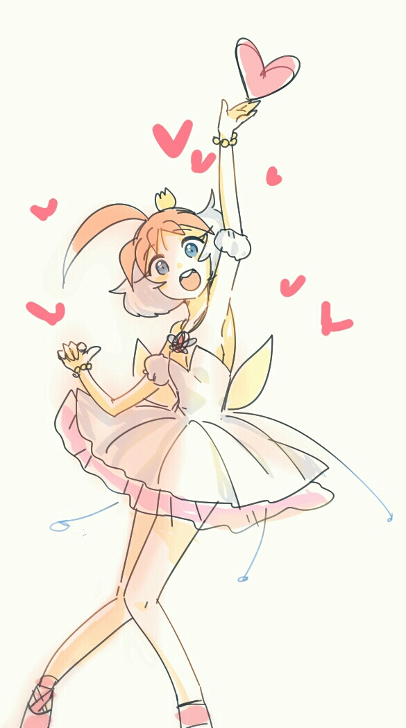1girl :d ahiru_(princess_tutu) ahoge arm_up ballerina blue_eyes bracelet breasts cleavage crown gold_crown heart huge_ahoge jewelry knees_together_feet_apart long_eyelashes magical_girl mini_crown multicolored_hair necklace open_mouth orange_hair pink_shoes pointing pointing_at_self princess_tutu princess_tutu_(character) shoes short_hair smile solo sunhe7 teeth tutu two-tone_hair upper_teeth_only white_hair