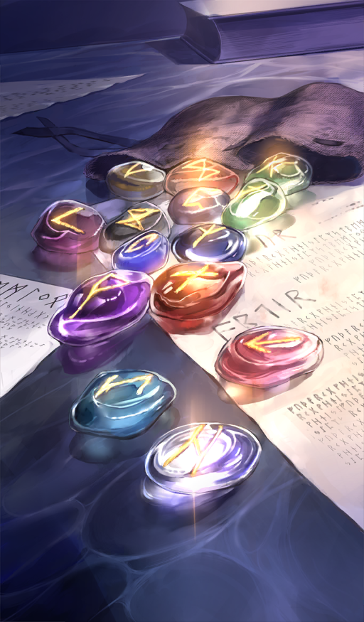 commentary fate/grand_order fate_(series) futhark gem glowing lasengle no_humans official_art pouch runes third-party_source translation_request