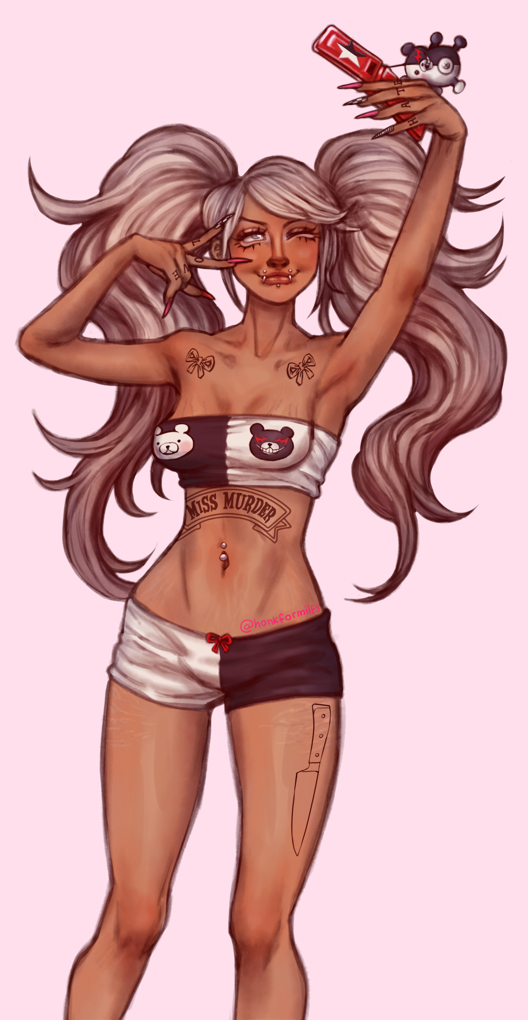 1girl arm_up armpits artist_name black_nails black_panties black_shirt black_tube_top blonde_hair bow bow_tattoo boyshort_panties cellphone cellphone_charm charm_(object) collarbone danganronpa:_trigger_happy_havoc danganronpa_(series) dark-skinned_female dark_skin enoshima_junko eyelashes fake_nails female_focus finger_tattoo fingernails flip_phone grey_eyes gyaru hand_tattoo hand_up highres holding holding_phone honkformilfs leg_tattoo lip_piercing long_hair looking_up monokuma multicolored_panties multicolored_shirt multicolored_tube_top navel_piercing one_eye_closed panties phone piercing pink_nails red_bow selfie shirt shoulder_tattoo signature simple_background smile snakebite_(piercing) solo star_(symbol) stomach_tattoo strapless stretch_marks tan tattoo tattoo_on_hand tube_top twintails underwear white_panties white_shirt white_tube_top