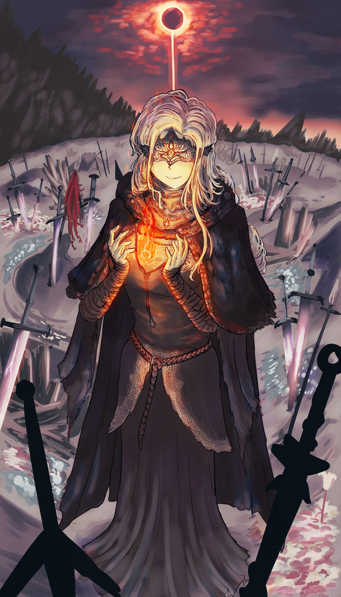 1girl battlefield black_dress blindfold blonde_hair cloak dark_souls_(series) dark_souls_iii dress eclipse fire_keeper graveyard highres jewelry medium_hair necklace rope_belt sword user_dgfw8735 weapon