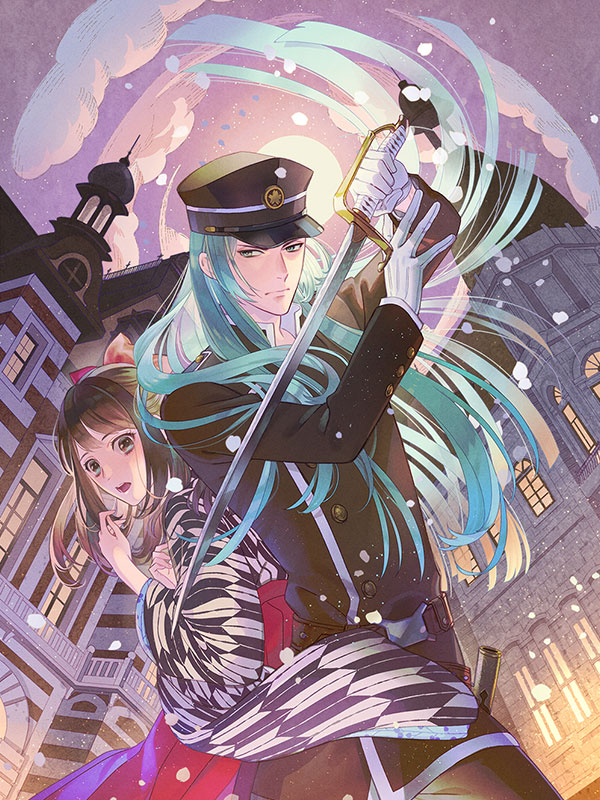 1boy 1girl arms_up ayazuki_mei belt black_headwear black_jacket black_pants bow brown_hair building buttons closed_mouth cloud collar collared_jacket fujita_gorou gloves green_hair hair_bow hakama hakama_skirt hat holding holding_sword holding_weapon jacket japanese_clothes kimono long_hair long_sleeves looking_at_viewer looking_back meiji_tokyo_renka military military_hat military_uniform official_art open_mouth outdoors pants peaked_cap red_bow skirt sky standing sword weapon white_gloves