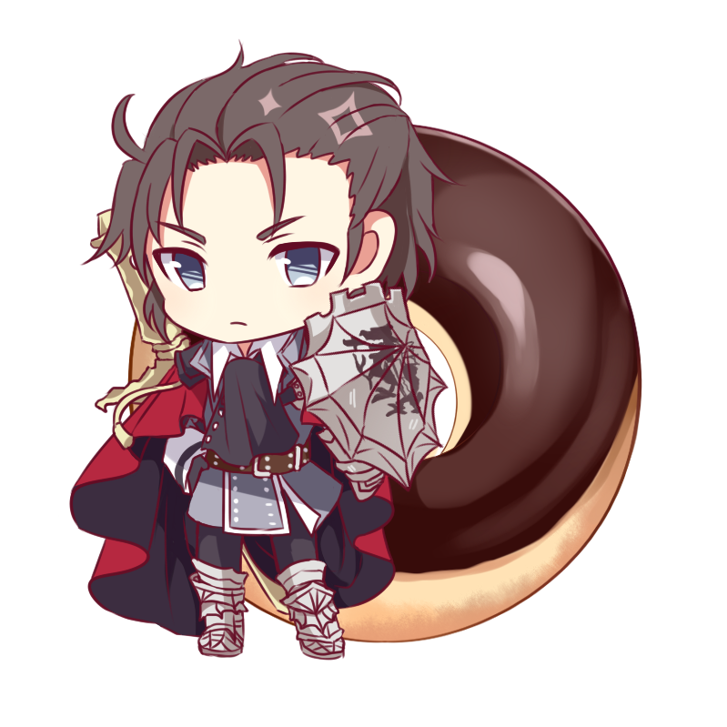 1boy armored_boots ascot black_ascot black_hair blue_eyes boots broken_shield cape chibi chibi_only dame_x_prince donut food full_body male_focus nanahi_tsubaki no_nose red_cape riot_volte shield short_hair simple_background solo standing sword sword_on_back weapon weapon_on_back white_background
