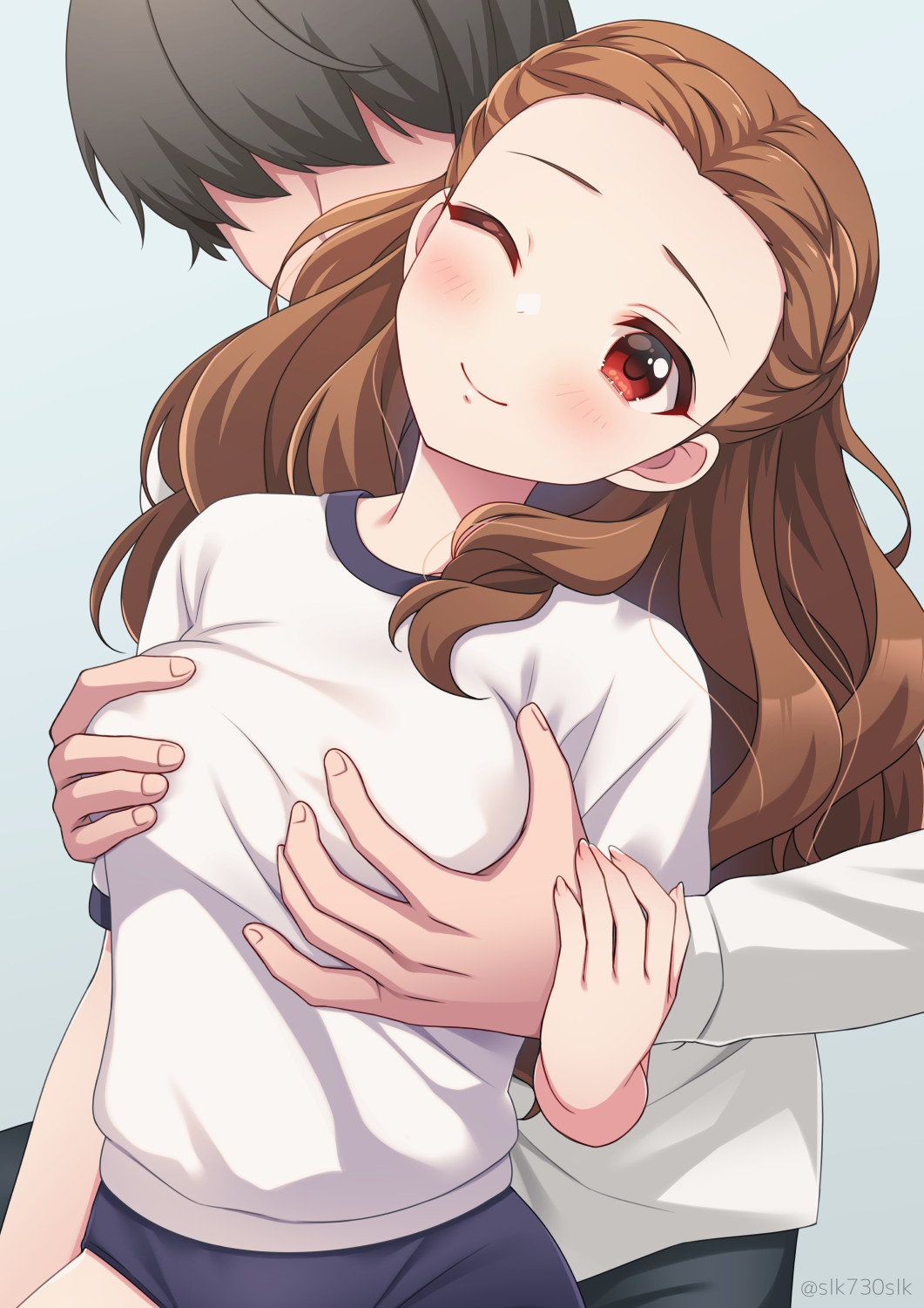 1boy 1girl blue_background blue_buruma blush breasts brown_hair buruma cowboy_shot curly_hair forehead grabbing_another&#039;s_breast grabbing_from_behind groping gym_shirt gym_uniform highres idolmaster idolmaster_cinderella_girls long_hair one_eye_closed pants red_eyes seki_hiromi shirt silky_(silky_alice) small_breasts smile wavy_hair white_shirt