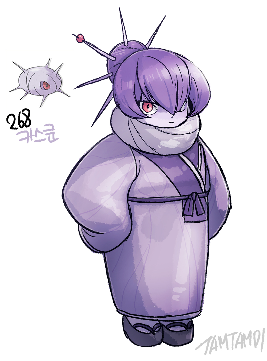 1girl :&lt; black_footwear bright_pupils cascoon commentary full_body gen_3_pokemon hair_between_eyes hair_bun hair_ornament hair_stick highres japanese_clothes kimono long_sleeves nintendo okobo personification platform_sandals pokemon purple_hair purple_kimono red_eyes sandals signature simple_background sleeves_past_fingers sleeves_past_wrists tamtamdi translated white_background white_pupils