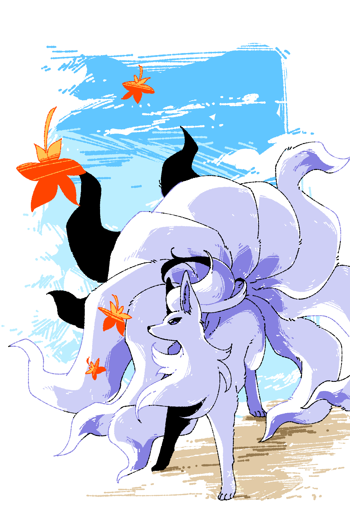 alternate_color animal_focus autumn_leaves blue_eyes gen_1_pokemon highres leaf multiple_tails ninetales nintendo no_humans ohayou_milk pokemon pokemon_(creature) shiny_pokemon solo standing tail