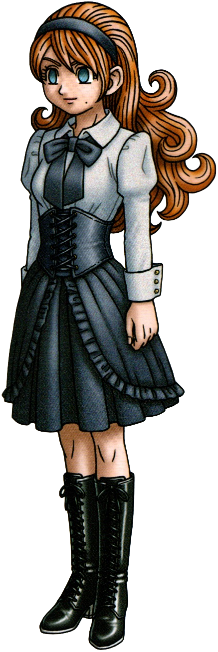 1girl artist_request black_boots black_bow black_corset black_hairband black_skirt blouse blue_eyes boots bow breasts check_artist corset curly_hair dragon_quest empty_eyes frills hairband high_heel_boots high_heels highres juliet_sleeves knee_boots kumaris_(dq10) long_hair long_sleeves mole mole_under_mouth official_art orange_hair puffy_sleeves scan scan_artifacts shirt skirt small_breasts solo third-party_source toriyama_akira white_shirt