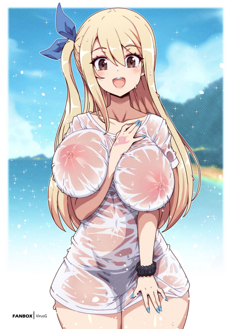 1girl arm_between_breasts between_breasts blonde_hair blue_nails blue_ribbon breasts brown_eyes day fairy_tail hair_ribbon large_breasts long_hair looking_at_viewer lucy_heartfilia nail_polish nipples one_side_up open_mouth outdoors ribbon scrunchie see-through_clothes see-through_shirt shirt smile solo summer virus-g wet wet_clothes wet_shirt wrist_scrunchie
