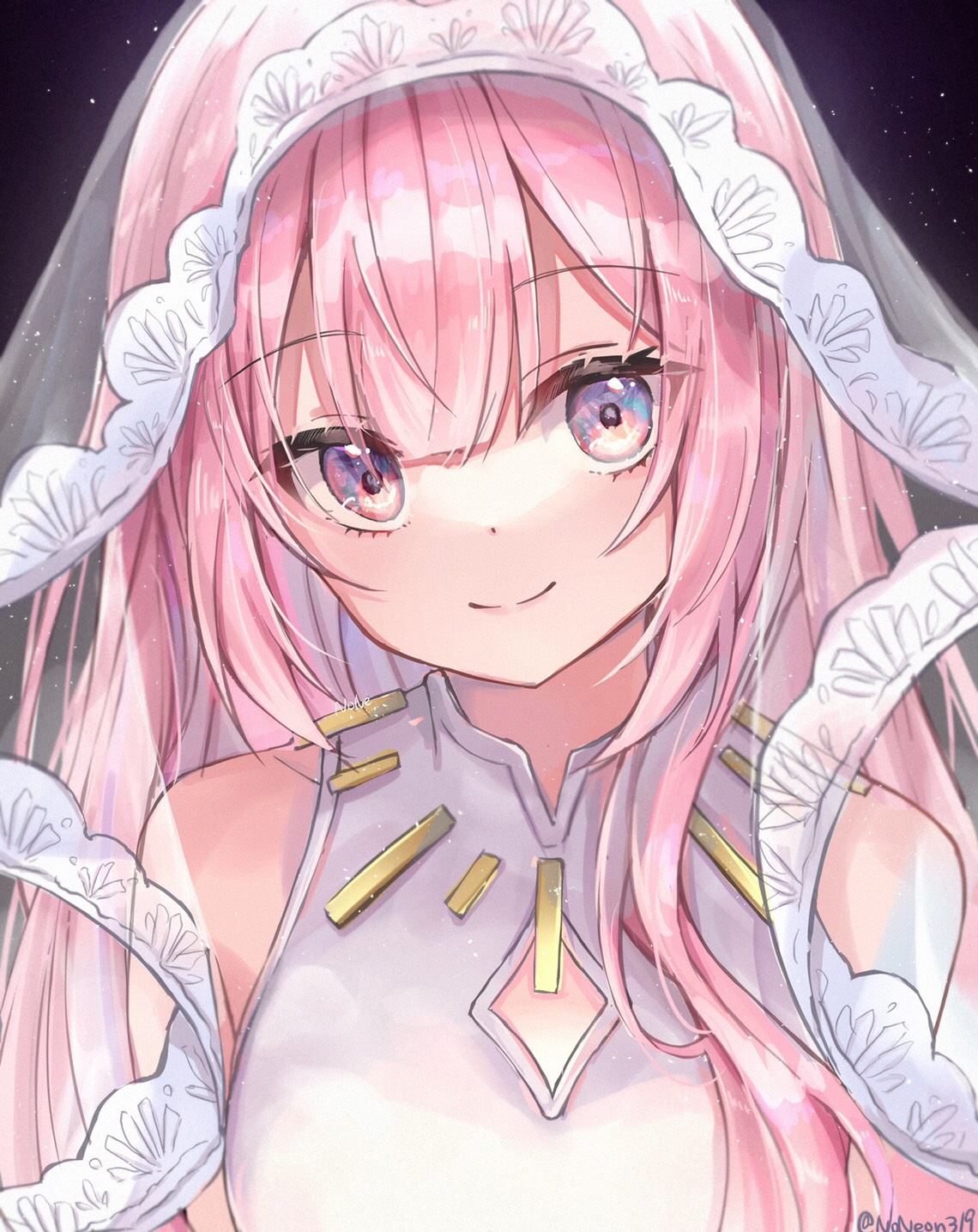 1girl bare_shoulders closed_mouth clothing_cutout commentary_request dress hair_between_eyes highres light_particles long_hair looking_at_viewer magical_mirai_luka magical_mirai_luka_(2021) megurine_luka multicolored_eyes noneon319 pink_hair purple_eyes signature sleeveless sleeveless_dress smile solo twitter_username upper_body veil vocaloid white_dress