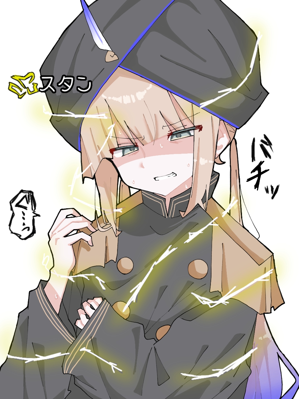 1boy arms_up black_turban brown_hair captain_nemo_(fate) captain_nemo_(first_ascension)_(fate) clenched_teeth fate/grand_order fate_(series) green_eyes hair_between_eyes hat_feather highres lightning long_hair military_uniform multicolored_hair naval_uniform nemo_(fate) numbness rruu8474 shoulder_boards simple_background sweat teeth turban two-tone_hair white_background