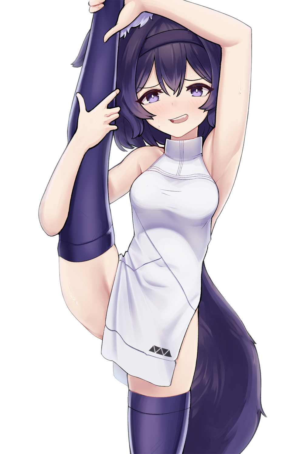 1girl animal_ear_fluff animal_ears armpits arms_up blush breasts dress english_text fox_ears fox_girl fox_tail furrowed_brow groin hairband highres holding_leg jacy original pelvic_curtain purple_eyes purple_hair purple_thighhighs short_dress short_hair simple_background sleeveless sleeveless_dress small_breasts solo split standing standing_on_one_leg standing_split sweatdrop tail thighhighs turtleneck white_background