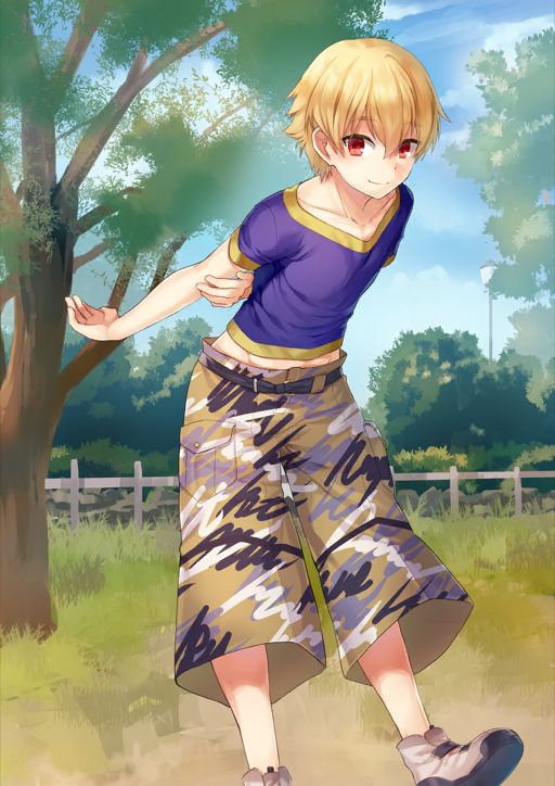 1boy arms_behind_back belt black_belt blonde_hair blue_sky brown_shoes camouflage camouflage_pants capri_pants cargo_pants child child_gilgamesh_(fate) closed_mouth cloud collarbone double-parted_bangs fate/grand_order fate_(series) foot_out_of_frame gilgamesh_(fate) hair_between_eyes hand_on_own_elbow leaning_forward looking_to_the_side male_focus midriff_peek official_art pants purple_shirt red_eyes shirt shoes short_hair short_sleeves sky smile solo standing tenkuu_sphere third-party_source tree v-neck variant_set