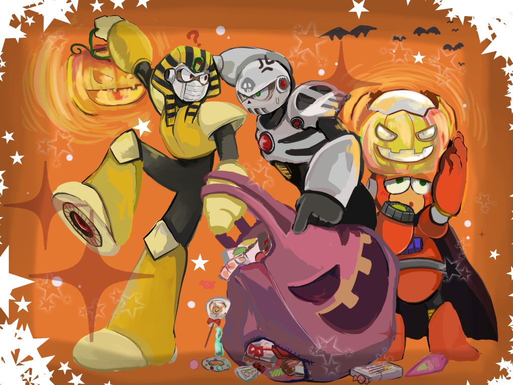 bag bats bright_man candy capcom cape costume food halloween helmet mega_man_(classic) mega_man_(series) mega_man_4 no_humans non-humanoid_robot pharaoh_man pumpkin robot robot_ears shack skull_man sweat