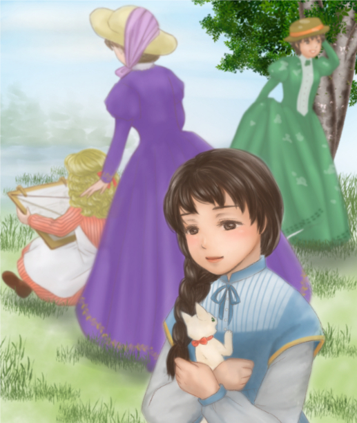 4girls ai_no_wakakusa_monogatari amy_march blonde_hair braid brown_hair cat dress elizabeth_march gown grass green_dress hat holding josephine_march light_smile long_hair margaret_march multiple_girls purple_dress shiro_(pixiv2350812) shiro_(ultramarine-april) siblings side_braid sisters sitting world_masterpiece_theater