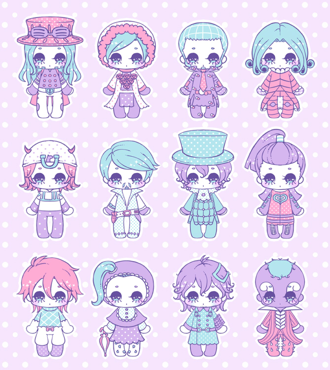 1girl 6+boys bad_id bad_pixiv_id blackmore blue_hair chibi diego_brando disco_(sbr) doctor_ferdinand dr._ferdinand funny_valentine gyro_zeppeli johnny_joestar jojo_no_kimyou_na_bouken magenta_magenta mike_o mike_o. multiple_boys polka_dot polka_dot_background red_hair ringo_roadagain scarlet_valentine steel_ball_run twinklecandy wekapipo