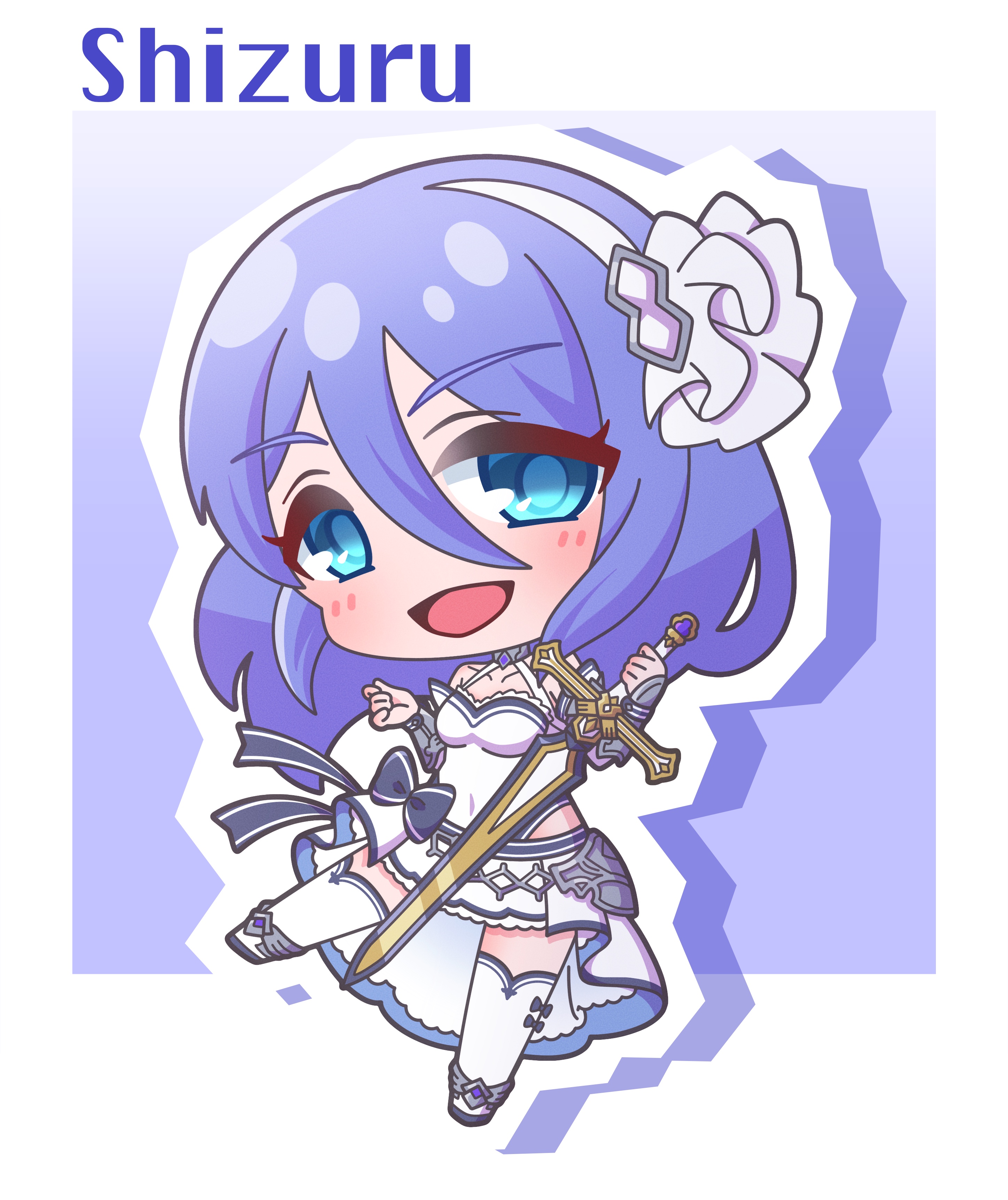 1girl :d absurdres blue_eyes blue_hair blush breasts character_name chibi commentary_request covered_navel full_body hairband highres holding holding_sword holding_weapon leotard looking_at_viewer medium_breasts open_mouth outline princess_connect! purple_background saishosaisekojo shizuru_(princess_connect!) skirt smile solo sword thighhighs vambraces weapon white_hairband white_leotard white_outline white_skirt white_thighhighs