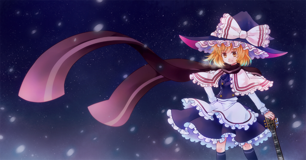 1girl blonde_hair capelet female_focus guitar hat instrument kirisame_marisa perfect_cherry_blossom scarf short_hair siva sky smile socks solo star_(sky) star_(symbol) starry_background starry_sky touhou witch_hat yellow_eyes