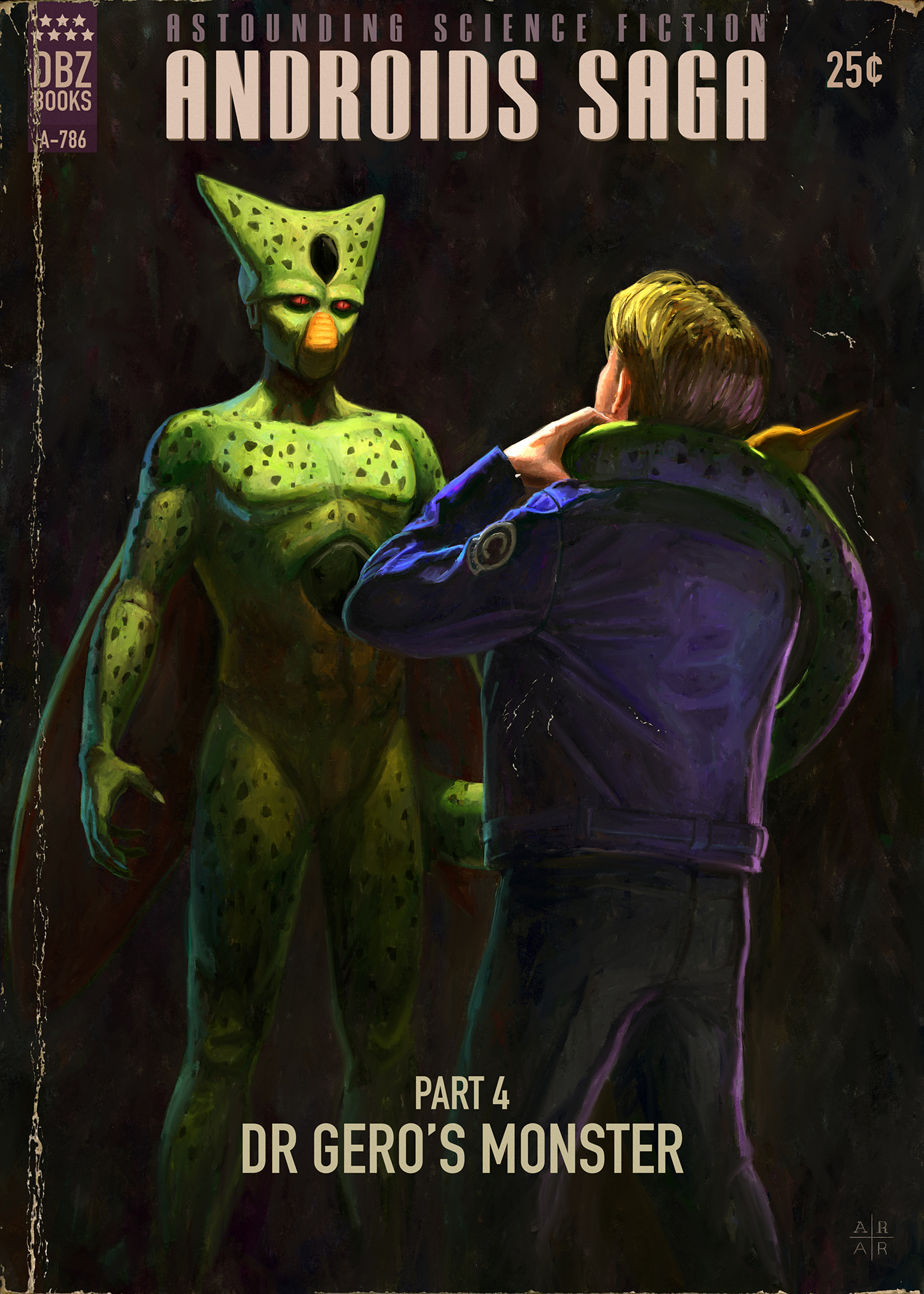 1boy asphyxiation astor_alexander blonde_hair blue_jacket blue_pants cell_(dragon_ball) colored_skin commentary cover downscaled dragon_ball dragonball_z fake_cover green_skin highres imperfect_cell jacket monster neck_lift pants prehensile_tail realistic red_eyes resized retro_artstyle slit_pupils standing strangling tail tail_wrap trunks_(dragon_ball) trunks_(future)_(dragon_ball) wings