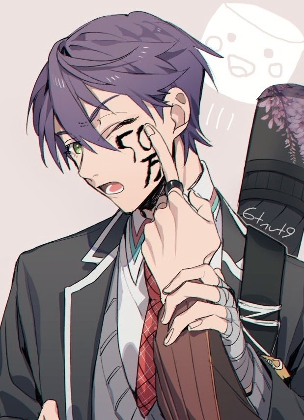 2boys 6tnut9 artist_name bandaged_hand bandages black_jacket blazer cheek_poking collared_shirt facepaint fushimi_gaku fushimi_gaku_(1st_costume) green_eyes grey_background grey_sweater hair_between_eyes holding_another&#039;s_wrist index_finger_raised jacket jewelry kenmochi_touya kenmochi_touya_(1st_costume) lapels long_sleeves looking_at_viewer lower_teeth_only male_focus marshmallow_(site) multiple_boys necktie nijisanji omamori one_eye_closed open_clothes open_jacket open_mouth plaid_clothes plaid_necktie poking pov pov_hands purple_hair red_necktie ring school_uniform shirt short_hair simple_background solo_focus sweater teeth upper_body upper_teeth_only virtual_youtuber weapon_bag white_shirt wing_collar