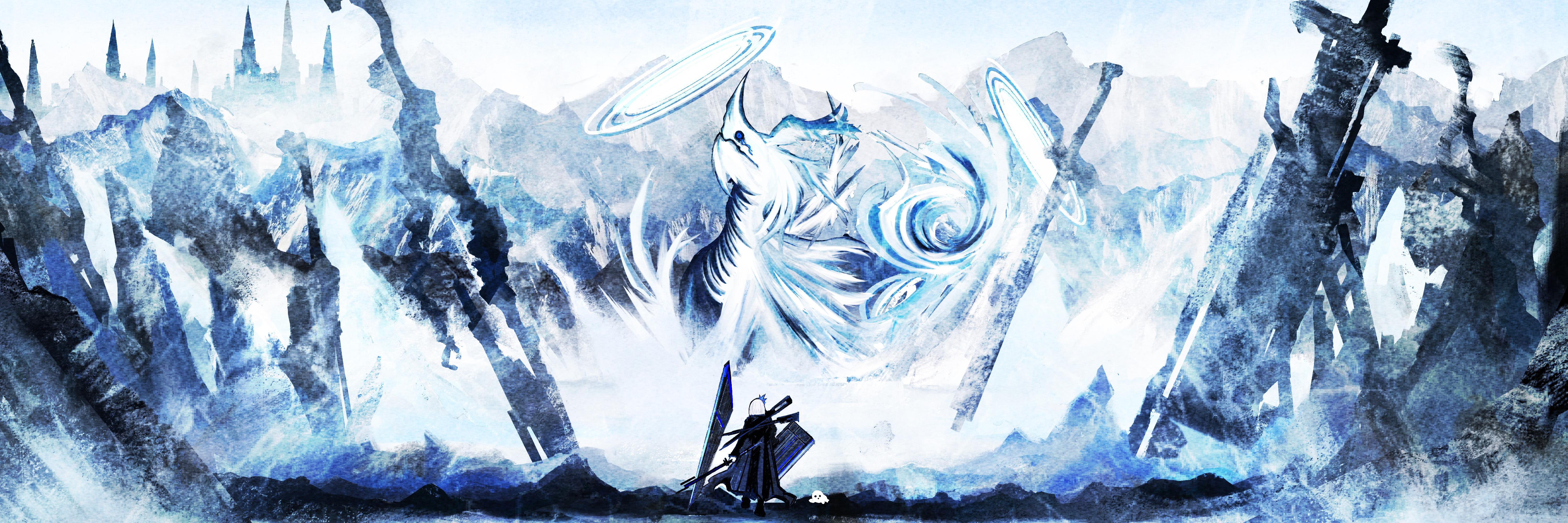 1girl absurdres blue_theme from_behind halo highres huge_weapon monster mountainous_horizon original outdoors planted planted_sword planted_weapon riz_kira scenery snow solo standing sword weapon white_hair