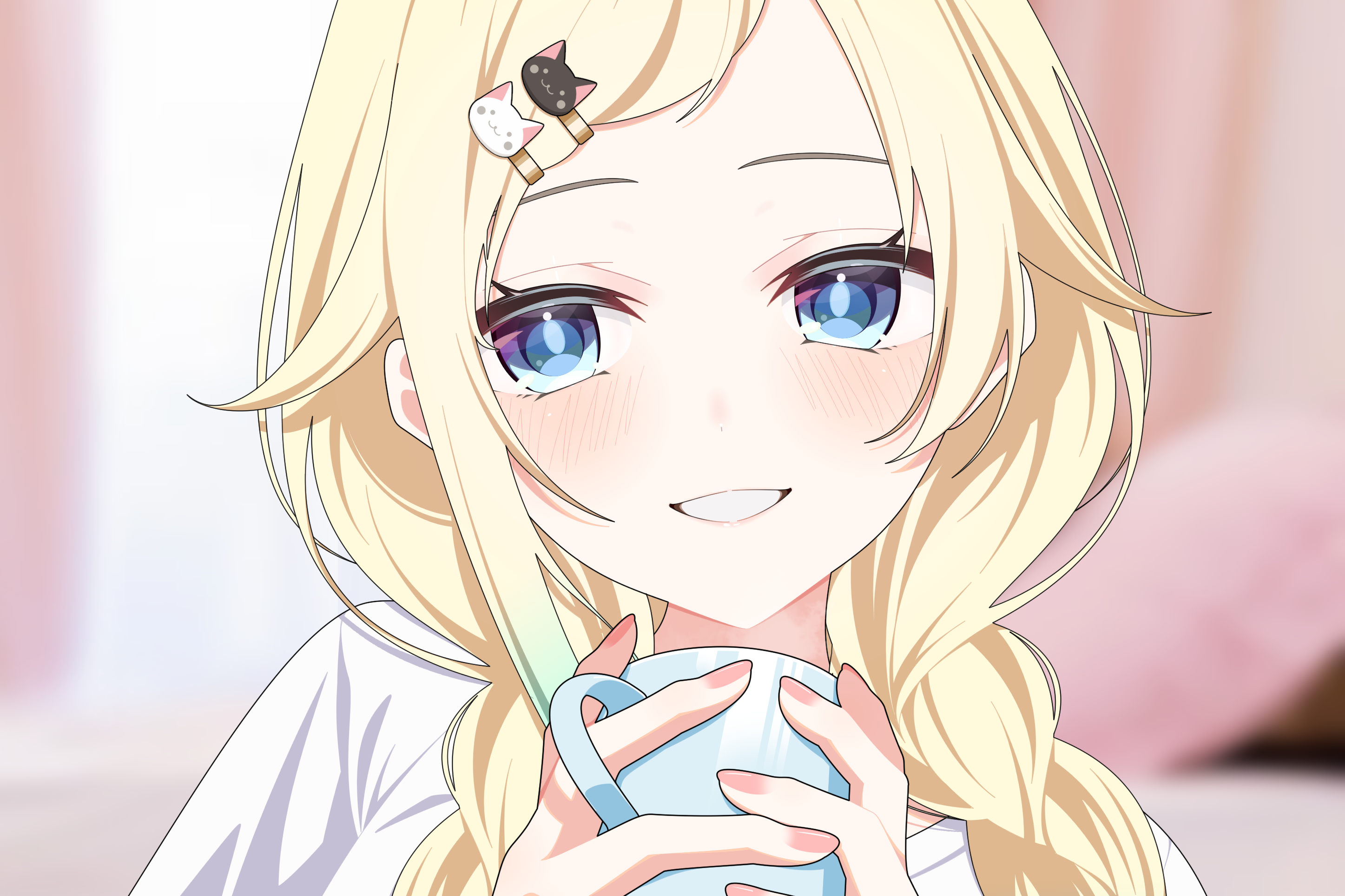 1girl aizawa_ema aizawa_ema_(4th_costume) alternate_costume blonde_hair blue_eyes blurry blurry_background blush braid cat_hair_ornament commentary_request cup grin hair_flaps hair_ornament hairclip hands_up highres holding holding_cup long_hair looking_at_viewer omas_lie portrait smile solo twin_braids virtual_youtuber vspo!
