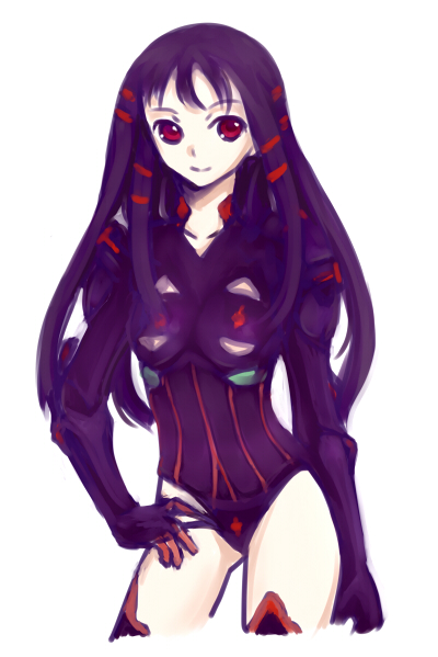 1girl ar_tonelico ar_tonelico_ii elaizy female_focus flat_chest hair_ribbon hand_on_own_hip hip_focus jakuri_(ar_tonelico) long_hair purple_hair red_eyes ribbon smile solo thighhighs