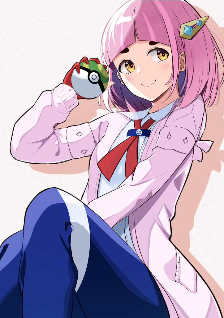1girl arched_bangs blue_pants cardigan closed_mouth collared_shirt commentary_request eyelashes gloves hair_ornament hairclip hand_up holding holding_poke_ball lacey_(pokemon) medium_hair nest_ball nintendo open_cardigan open_clothes pants partially_fingerless_gloves pink_cardigan pink_hair poke_ball pokemon pokemon_sv red_gloves shirt smile solo toyomi_13 white_shirt yellow_eyes