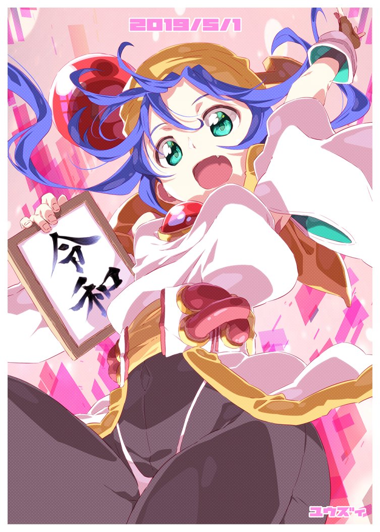 1girl 2019 arm_up artist_request bandana blue_hair blush covered_navel dated fang fingerless_gloves gloves green_eyes lime_(saber_j) long_hair looking_at_viewer reiwa saber_marionette_j shiny_clothes smile solo spandex thong very_long_hair wide_hips
