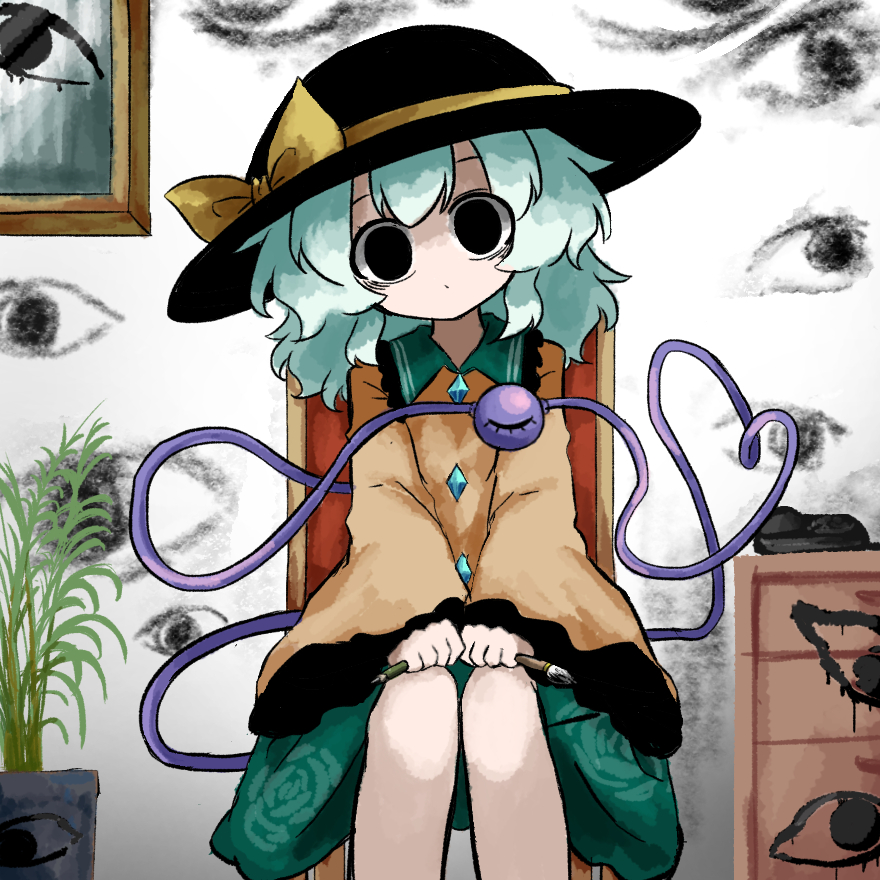 1girl bags_under_eyes black_eyes black_hat blouse bow buttons chest_of_drawers closed_mouth commentary_request crazy diamond_button eyeball feet_on_chair feet_out_of_frame floral_print frilled_shirt_collar frills green_hair green_skirt hat hat_bow hat_ribbon heart heart_of_string heripantomorrow holding holding_paintbrush holding_pencil indoors komeiji_koishi long_sleeves looking_at_viewer medium_hair paintbrush pencil picture_frame plant potted_plant print_skirt ribbon rose_print shirt sitting skirt solo third_eye touhou vandalism wide_sleeves yellow_bow yellow_ribbon yellow_shirt