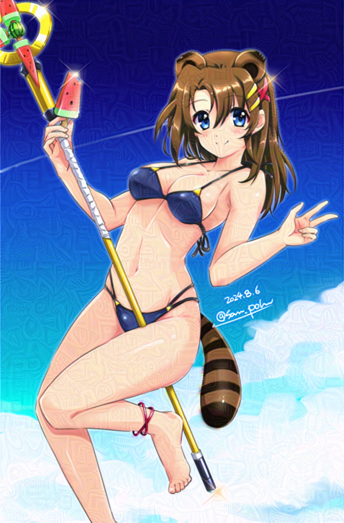 1girl animal_ears barefoot bikini blue_bikini blue_eyes blue_sky breasts brown_hair cleavage cloud contrail food adversarial_noise lyrical_nanoha mahou_senki_lyrical_nanoha_force medium_breasts medium_hair multi-strapped_bikini_bottom popsicle raccoon_ears raccoon_tail san-pon schwertkreuz sky smile solo staff standing swimsuit tail v watermelon_bar yagami_hayate