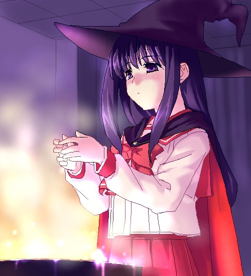 1girl cape cat female_focus hat kurusugawa_serika long_hair long_sleeves oekaki purple_hair school_uniform serafuku solo to_heart to_heart_(series) witch_hat zen