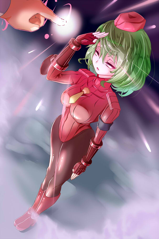 1girl alternate_costume boots breasts corruption covered_navel disembodied_hand fingerless_gloves garrison_cap gloves glowing green_hair grey_background hat kazami_yuuka large_breasts leotard light_rays long_sleeves looking_up mimochiku mind_break mind_control necktie open_mouth orange_necktie pantyhose red_eyes red_gloves red_leotard ribbed_leotard shadaloo_dolls short_hair short_necktie solo street_fighter street_fighter_zero_(series) touhou v-shaped_eyebrows
